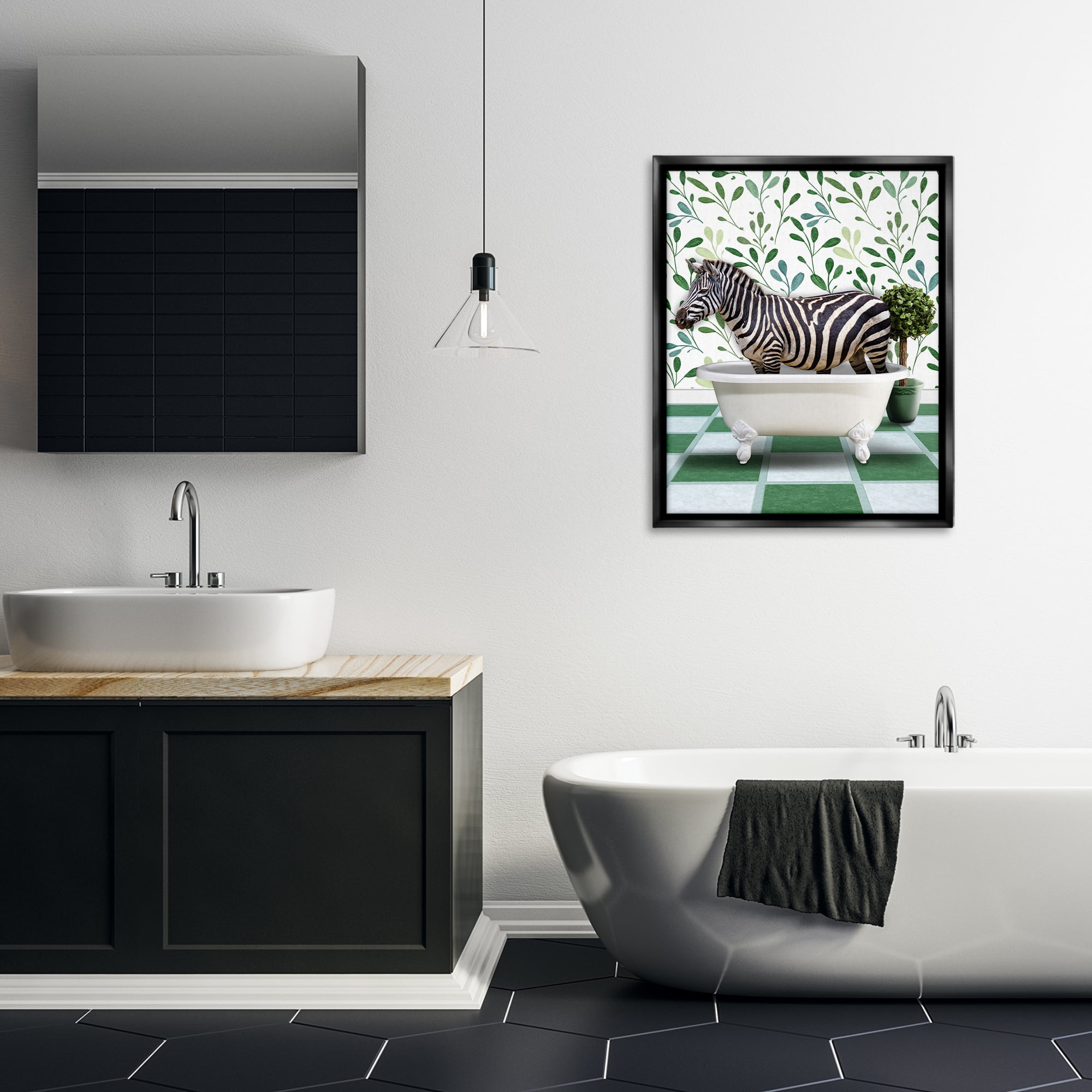 Stupell Industries Zebra in Green Bathroom Bath & Laundry Painting Black Floater Framed Canvas Art Print Wall Art, 25 x 31