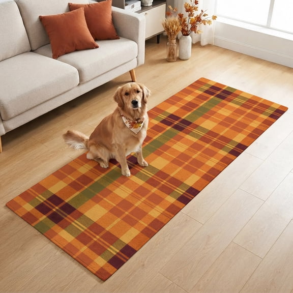 Rectangle Rug 2x6ft, Dark Orange Yellow Tartan Soft Non-Slip Washable Felt Carpet Pad, Vintage Rustic Checkered Area Rugs for Living Room Bedroom Kids Room