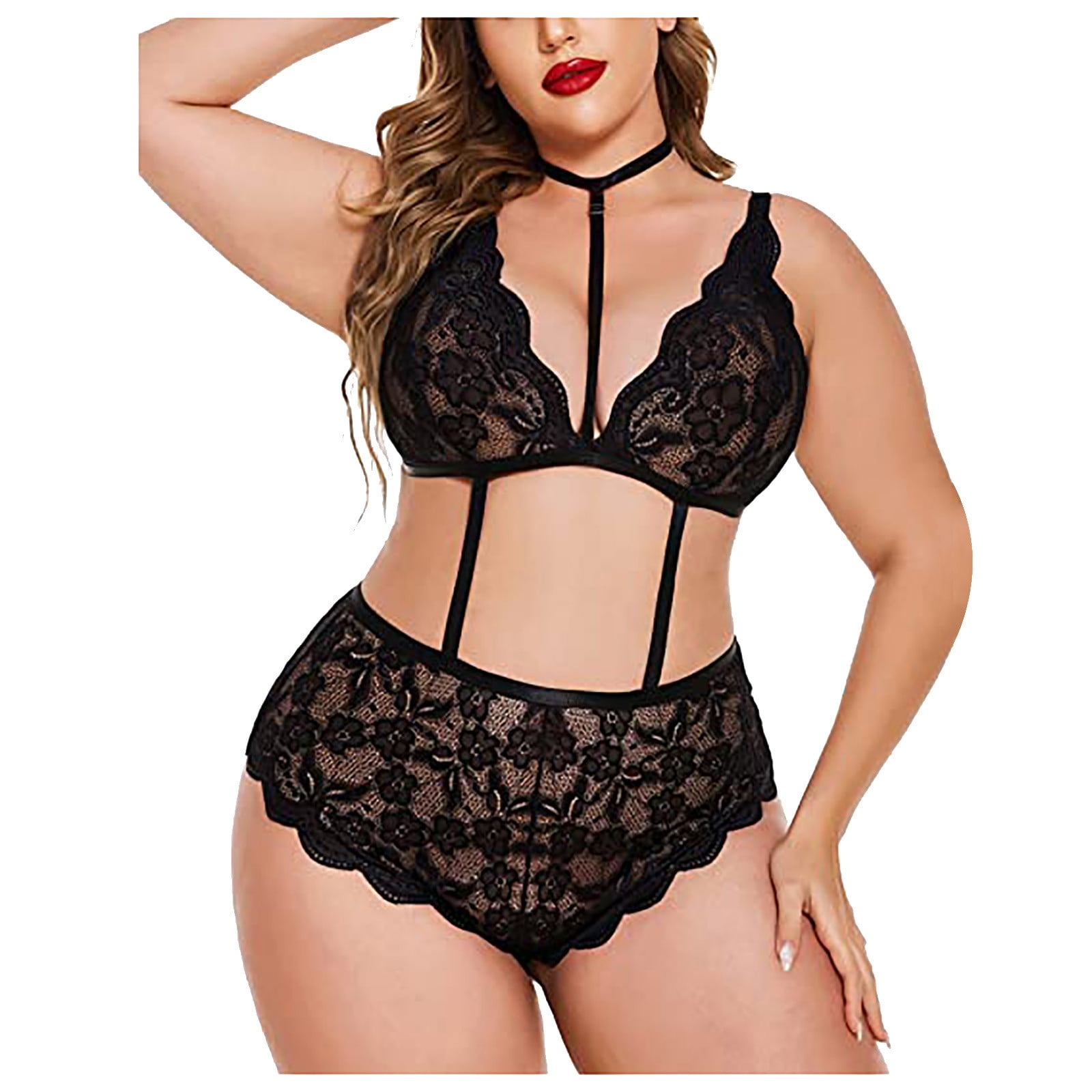OAVQHLG3B Plus Size Sexy Lingerie for Women Naughty for Sex Play Deep V with Choker Lace Backless Underwear One Piece Teddy Nude Pic Hq