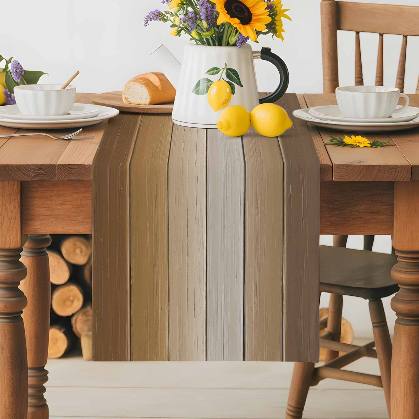 Brown Ombre Cotton Linen Table Runner for Dining Kitchen, Vintage Country Wooden Wedding Outdoor Party Tablerunners Decoration, Dresser Scarf Coffee Tablecloth Runners 13x70 Inches
