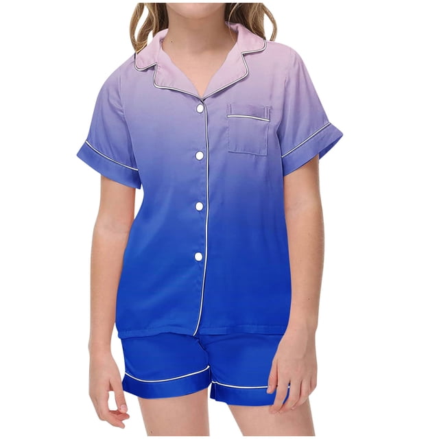 Odeerbi 2-12 Años Niños Niñas Pijama de Satén de Verano Con Solapa Muesca Camisas de Manga Corta Pantalones Cortos Conjunto Suave Gradiente Ropa de Dormir Juegos de Pijamas de Dos Piezas