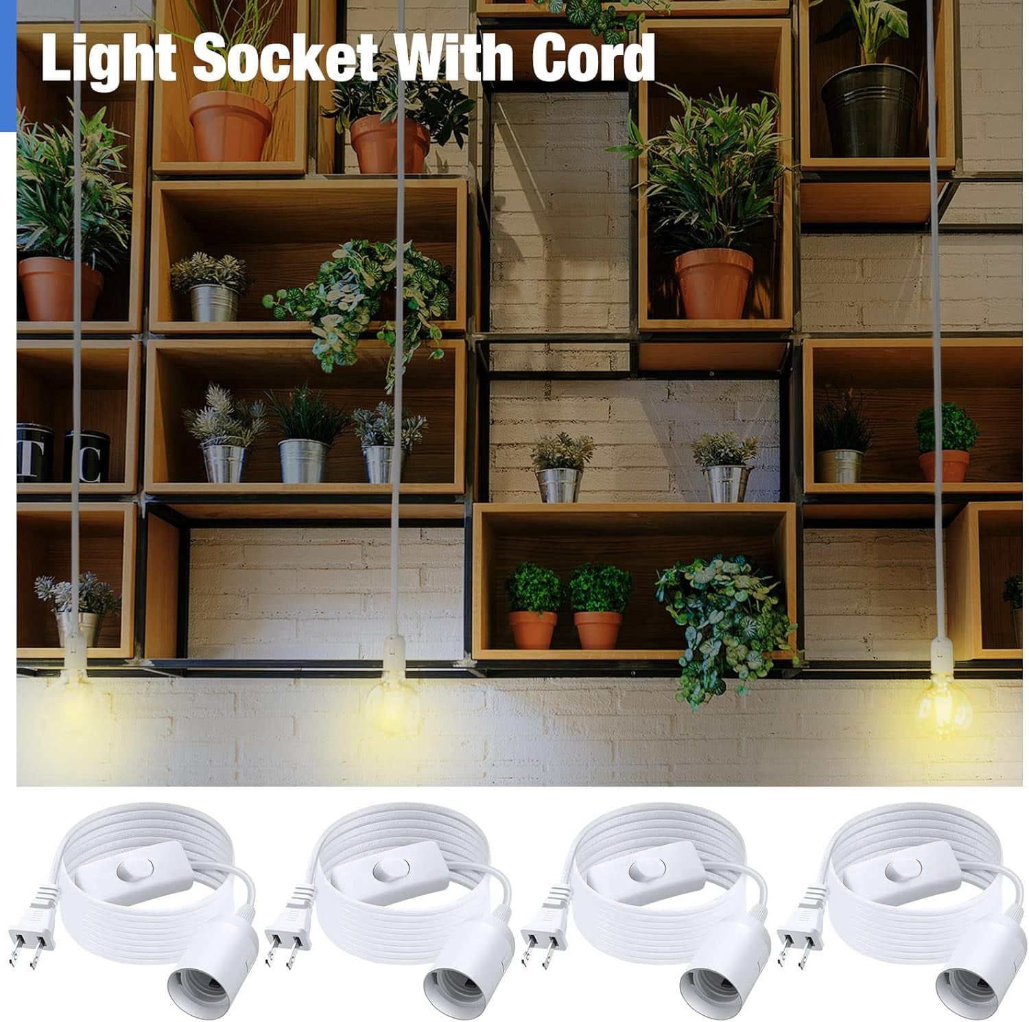 Extension Cord Kit with Pendant Lamp Socket, Bulb Base, Switch and Hooks for Hanging Lights in Kitchen, Bedroom, or Plant Growth, 12 Feet, White, 12-Piece Set