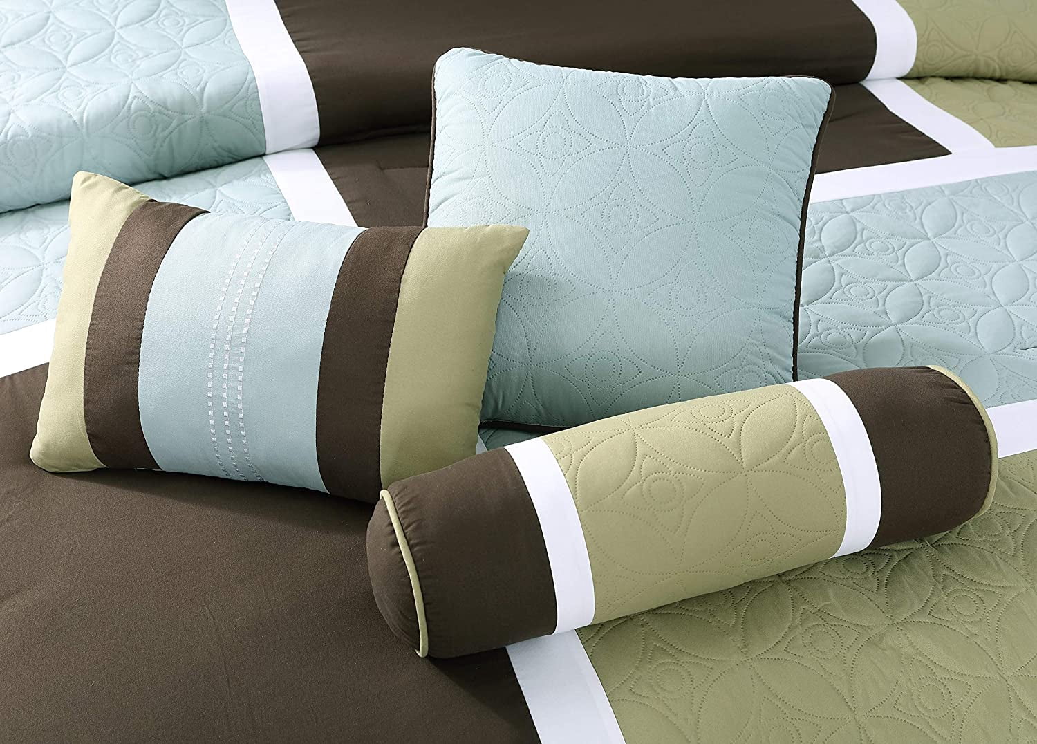 Chezmoi Collection 7-Piece Medallion Patchwork Comforter Set, Oversized King, Coffee/Blue/Green