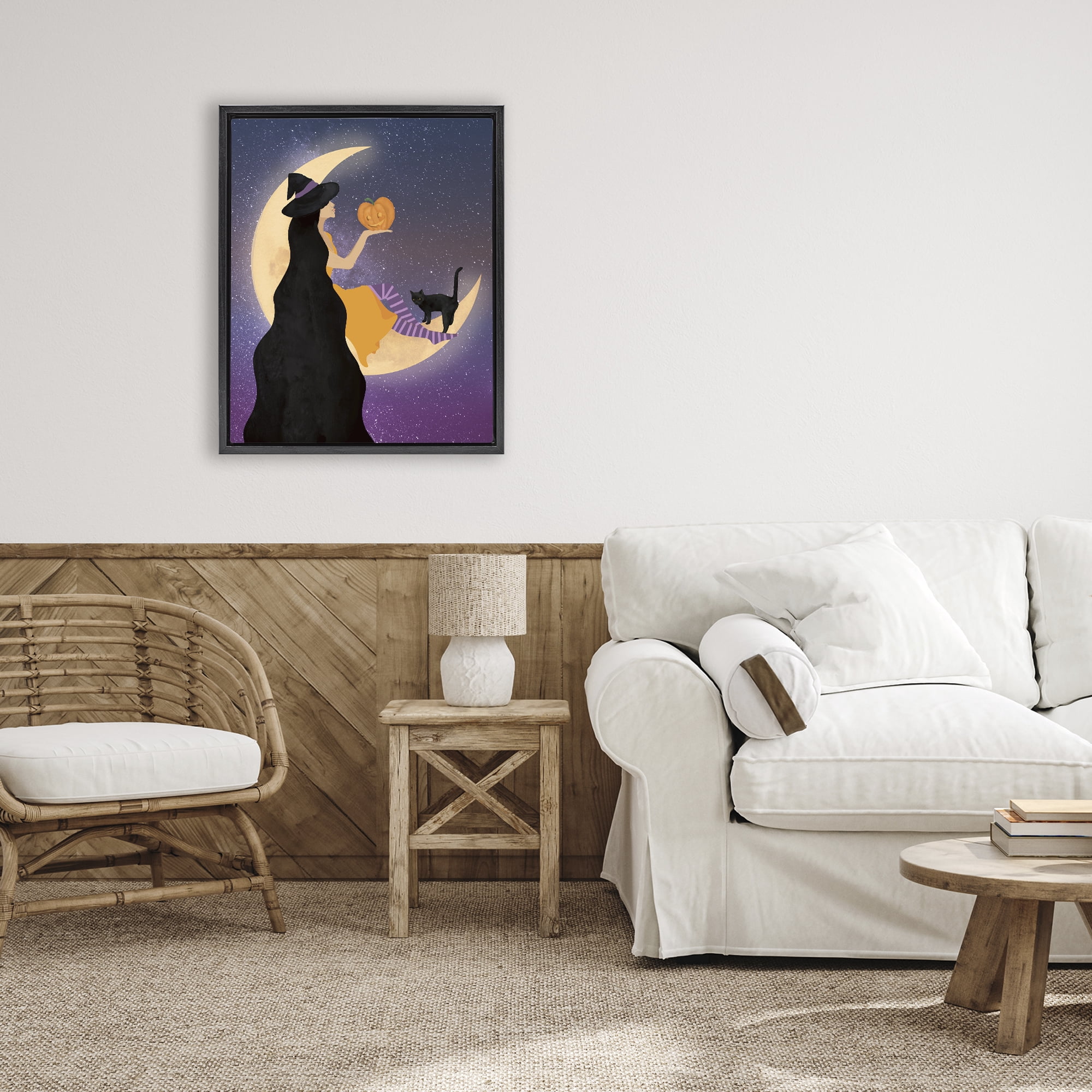 Stupell Industries Moonlit Witch Holding Jack-o-Lantern Black Framed Floater Canvas Wall Art, design by Daniela Santiago
