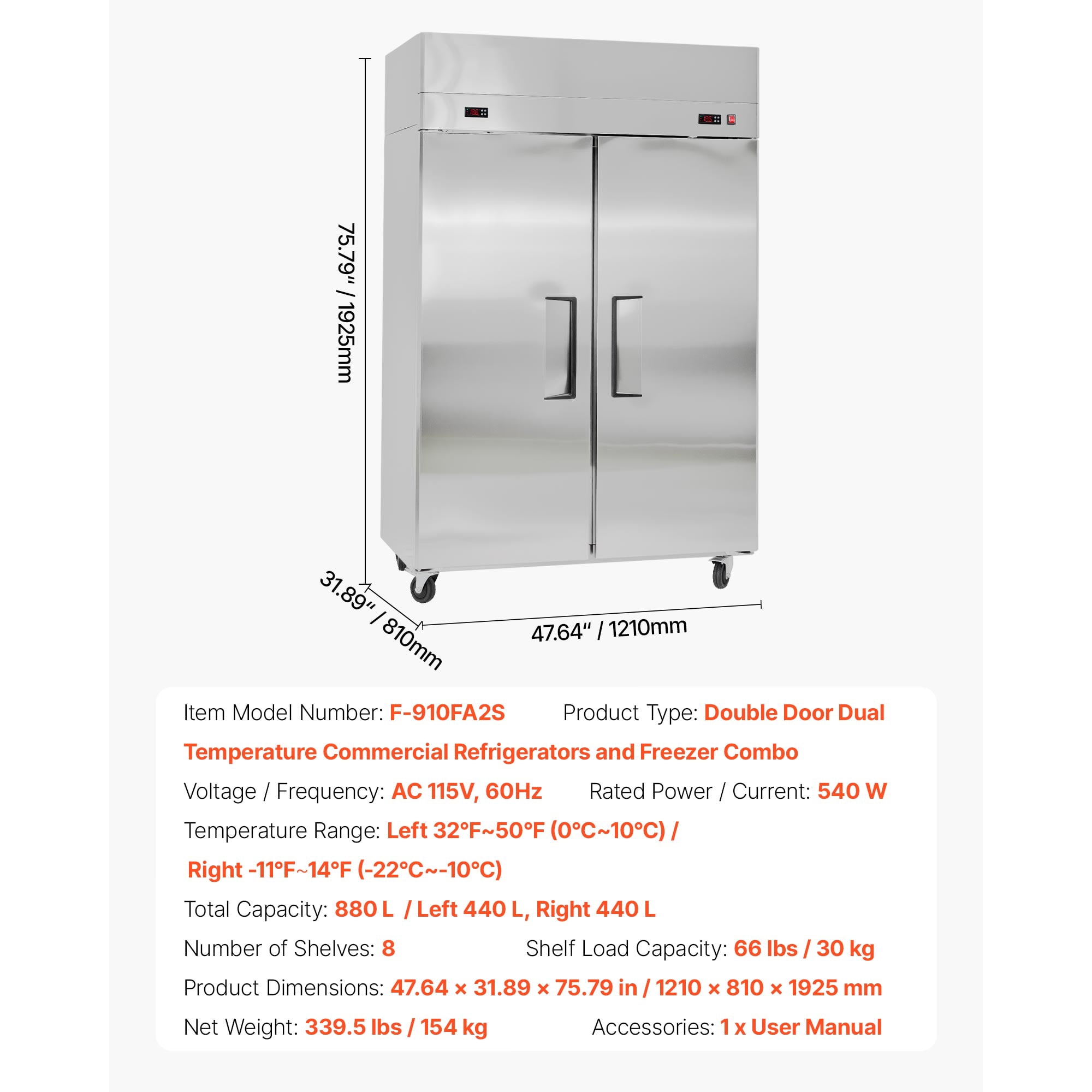 KFFKFF Commercial Refrigerator and Freezer Combo, 47.64 in Wide Upright Double Door Unit, 31.1 Cu.ft Stainless Steel Design with Auto-Defrost, 6 Adjustable Shelves, LED Lighting, and 4 Casters