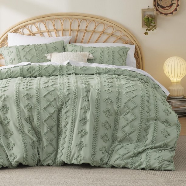 Funda de Edredón Bedsure Boho Talla King con 2 Fundas de Almohada Verde Claro
