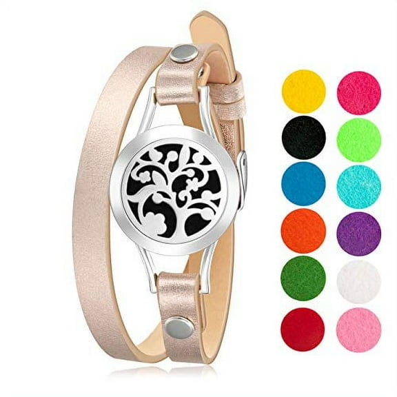 Wild Essentials Arbol Tree of Life Essential Oil Diffuser Bracelet, Stainless Steel Aromatherapy Locket, Leather Band with 12 Color Pads, Womens Jewelry Gift Set