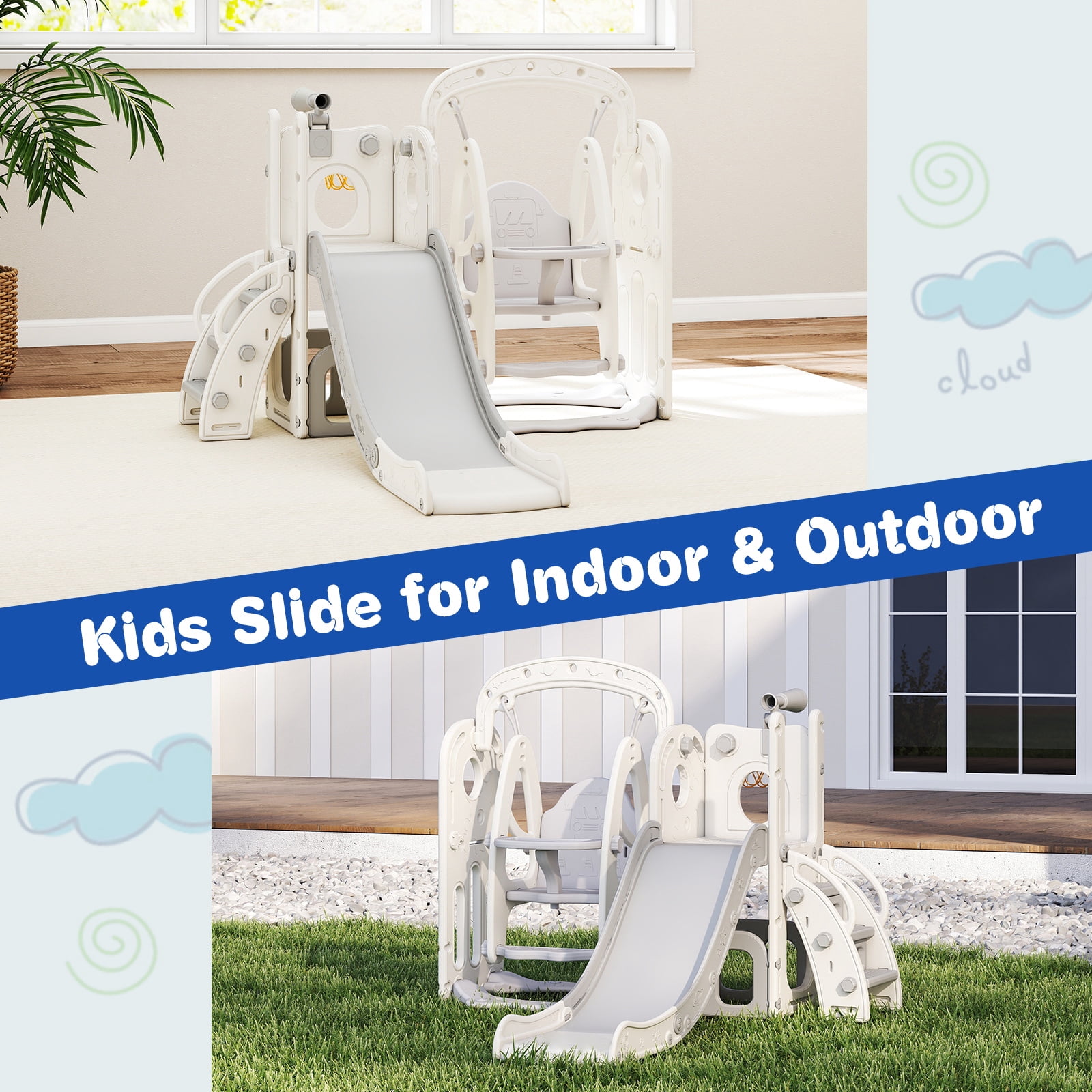 Kinsuite 7-in-1 Toddler Swing & Slide Set - Kids Slide for Toddlers 1-3 with Basketball Hoop, Swing, Ball, Storage Space & Telescope, Indoor & Outdoor Playground Playset (Grey)