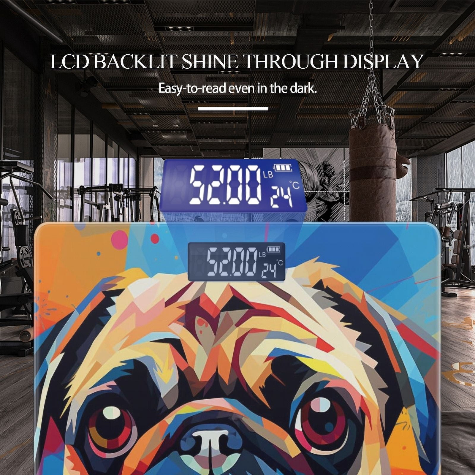 High Precision Body Weight Scale Smart Bathroom Scales with Large LCD Display(400lbs),Decorative for Bedroom-Cute Pug With Colorful Background