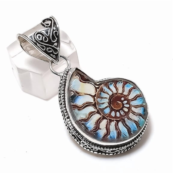 Natural Ammonite Fossil Gemstone 925 Sterling Silver Jewelry Pendant 1.89"