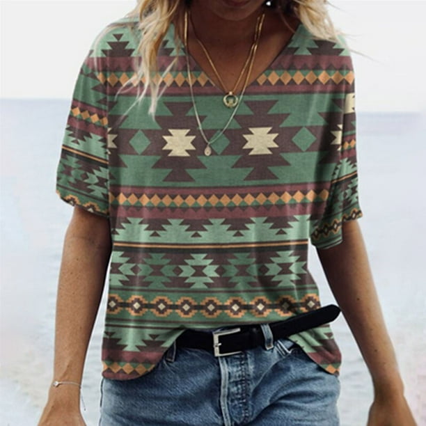 Puntoco Mujeres Casual Retro Occidental Manga Corta Cuello en V Geometría Estampado Étnico Blusa Camiseta tops Puntoco Puntoco-6651