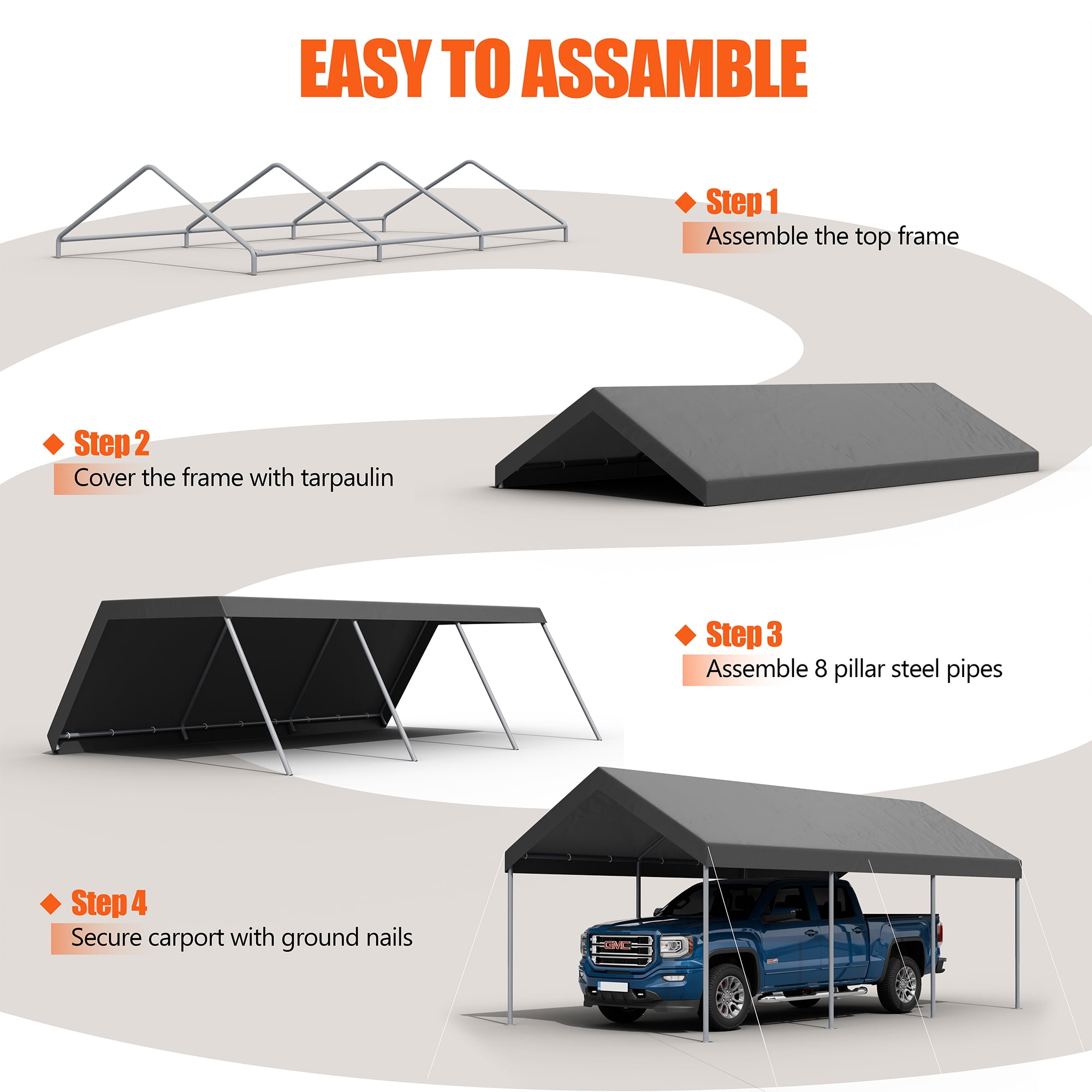 Walsunny Carport 10 x 20 ft Heavy Duty Carport Car Canopy with Powder-Coated Steel Frame, Portable Garage for Car, Boat, Shelter Party Tent with 180g PE Tarp Gray