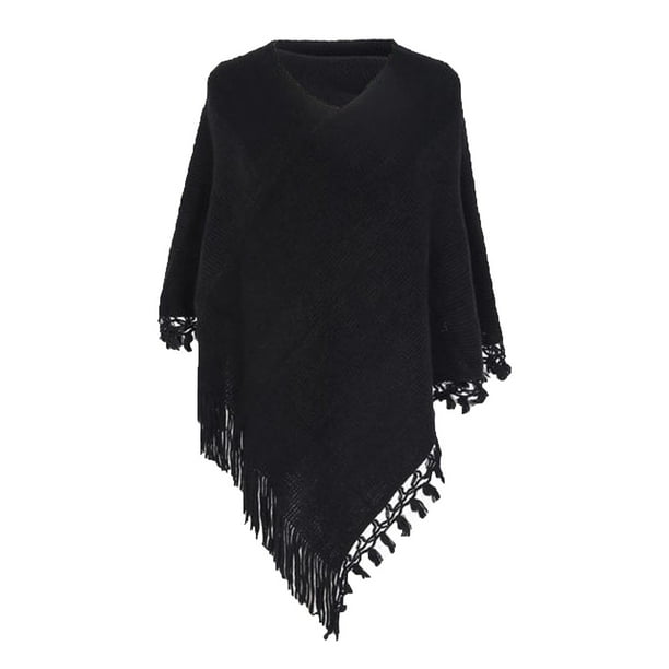 Women Striped Poncho With Tassels Knitted Shawl Scarf Fringed Wraps ...