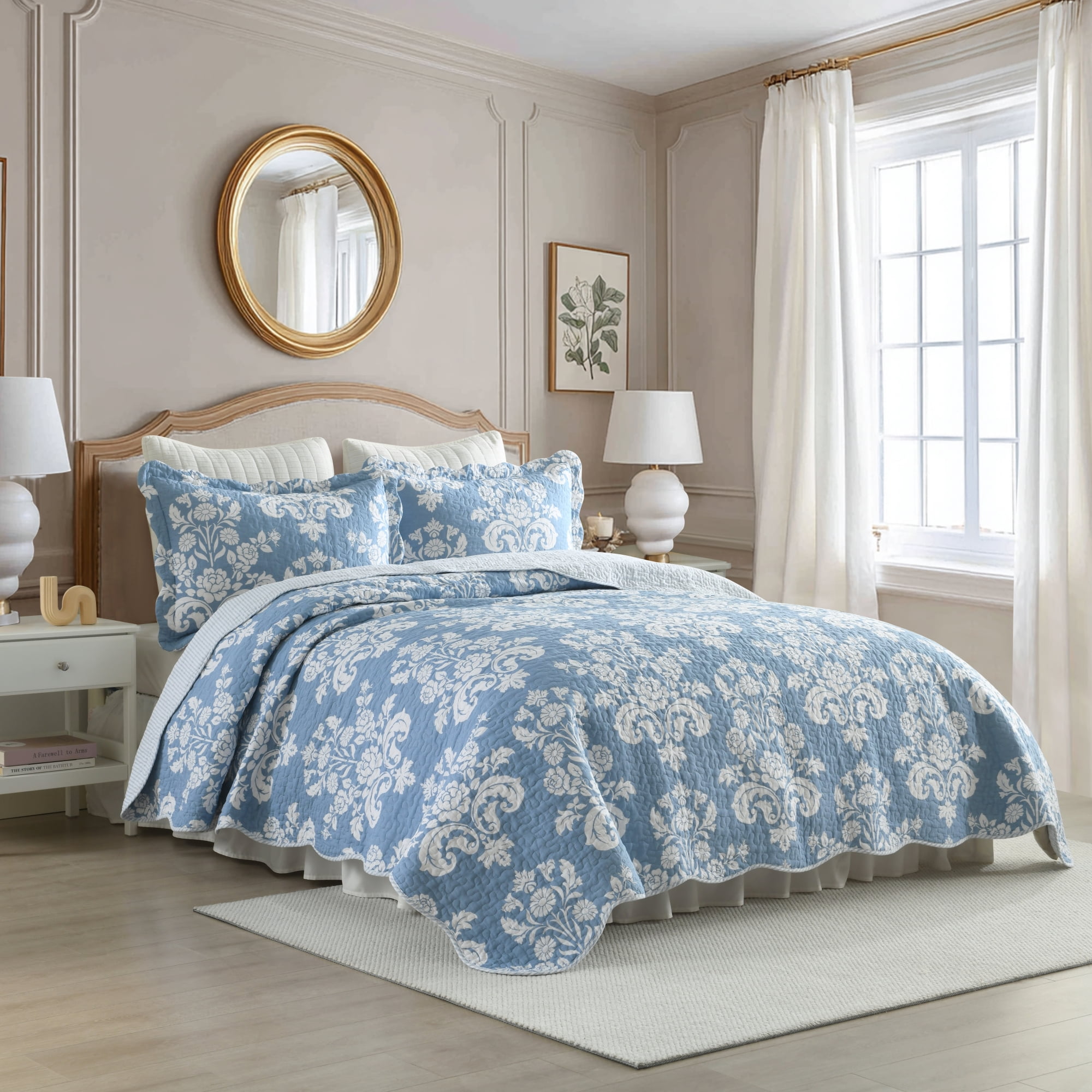 Quilt Queen Size - 100% Cotton Reversible Lightweight Bedspread Set, Pre-Washed Farmhouse Bedding with Damask Floral Pattern, All Season 3-Piece Coverlet (Blue and White)