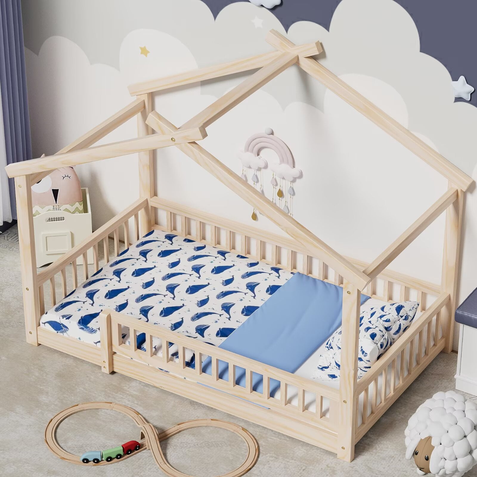 Twin Size House Bed with Fence, Wood Floor Bed with Roof, Montessori Bed Frame Playhouse Bed for Girls and Boys Bedroom, Easy Assembly, Natural