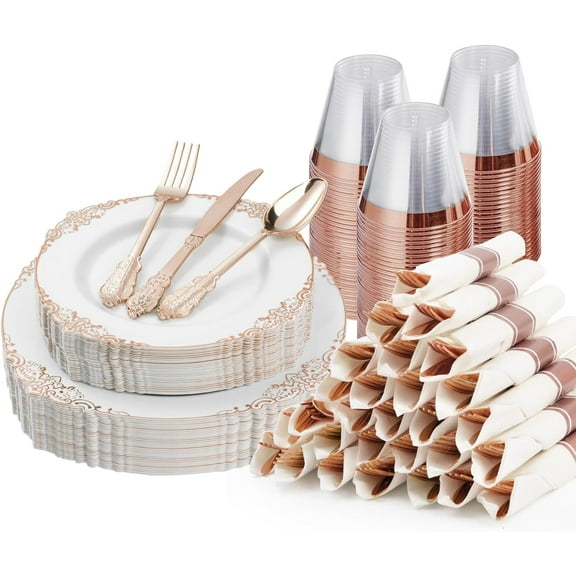 350PCS Clear Plastic Plates for 50 Guests, Disposable Dinnerware Sets Include 50 Gold Rim Plastic Plates, 25 Silverwares, 25 Cups, and 25 Pre Rolled Napkins for Party, Wedding and Graduation