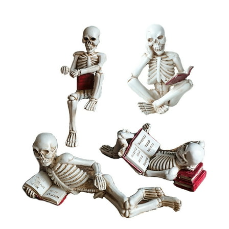 Funny Skeleton Reading Figurine Set – Resin Skeleton Statues for Halloween Decor, Spooky Book Lover Shelf Decorations, Gothic Skull Statue for Office, Home, or Library – 4 Poses