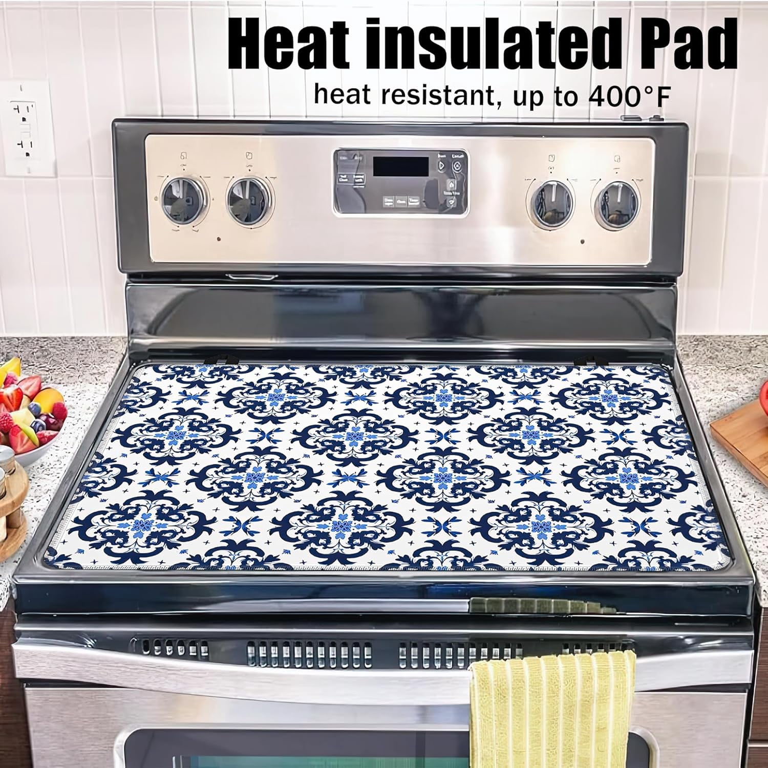 Stove Top Covers for Electric Stove,Blue Tile Flat Top Stove Cover,Modern Geometric Heat Resistant Glass Top Stove Cover Protector Anti-Slip Range Covers, 28 x 20 Inch