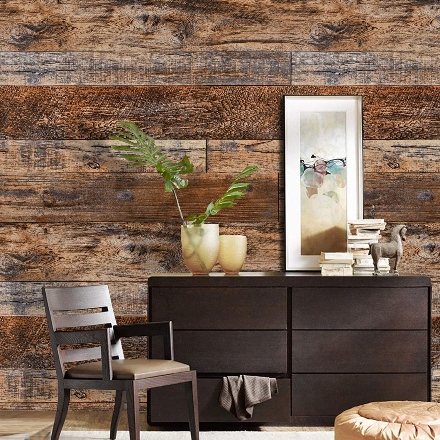 Caltero Peel and Stick Wallpaper Brown Wood Grain Wallpaper Self-Adhesive Contact Paper 17.72 in x 32.81 ft