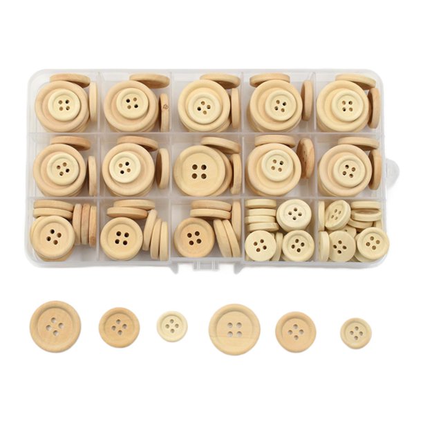 150 botones de madera redondos decorativos, cierres de 4 agujeros (15 mm, 20 mm y 25 mm) para manualidades, bolsos, costura y ropa.