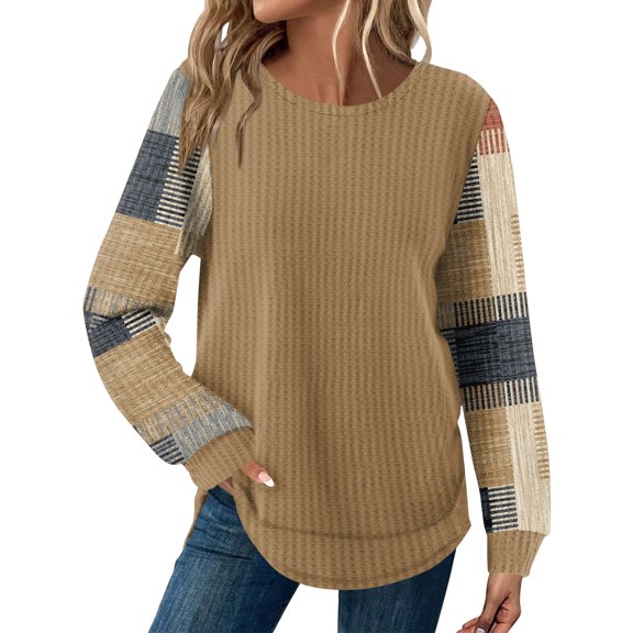 Kixjoy Crewneck T Shirts for Women Plus Size Fashion Long Sleeve Tunic Tops Loose Fit Waffle Knit Plaid T Shirts Casual Fall Womens Tops, Camel XL