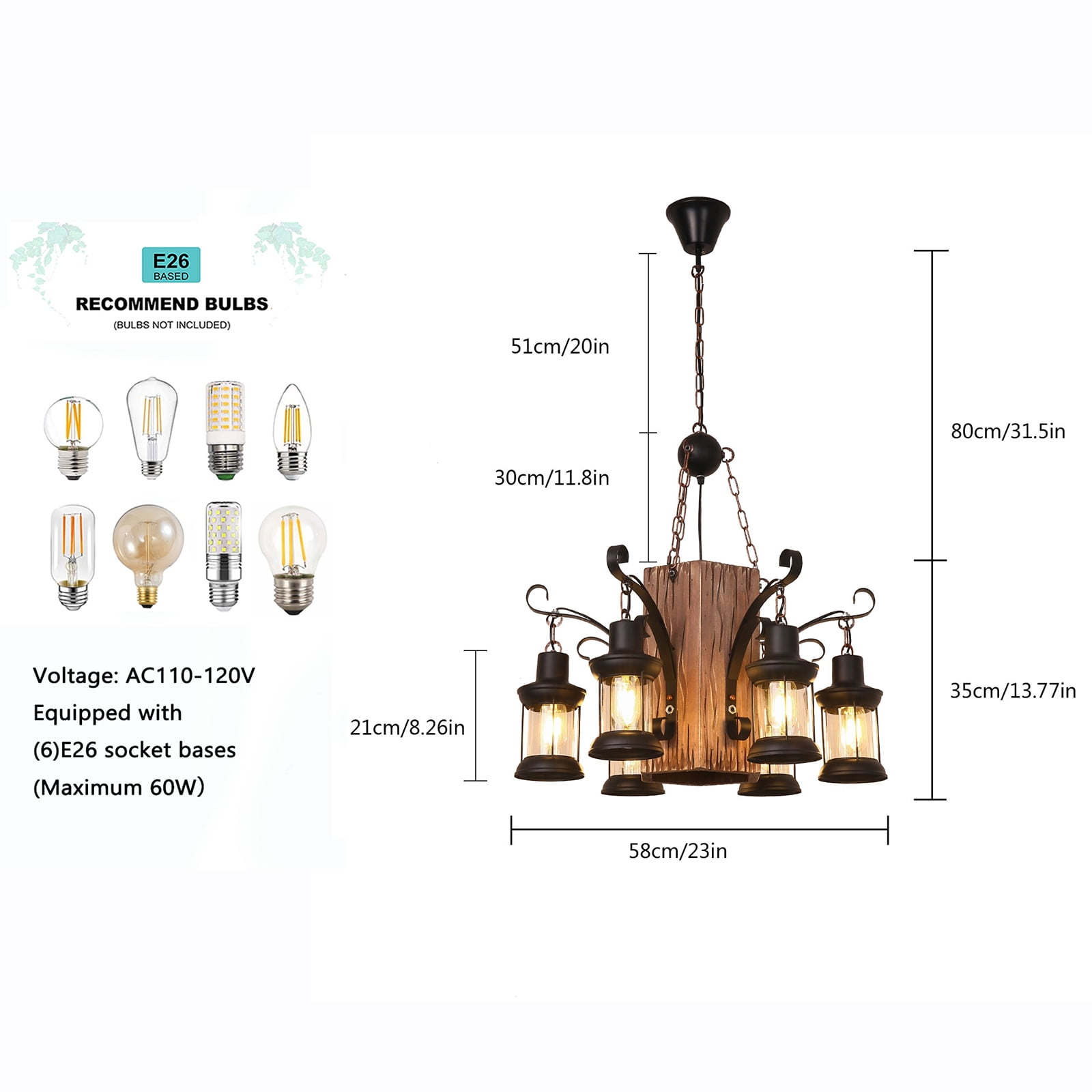 Rustic Wood Lantern Chandelier, 6-Light Farmhouse Pendant Light Height Adjustable Hanging Ceiling Light Fixture with Glass Lampshade