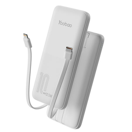 Portable Charger with Built-in Cables, Yoobao 10000mAh Ultra Slim USB C Power Bank with 4 Outputs, PD 20W Fast Charging External Battery Pack for iPhone/iPad/Samsung/Tablet & More - White