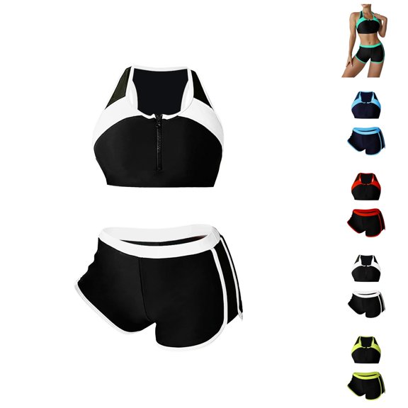 Athletic Two Piece Swimsuits for Women - Solid Color Block Boy Shorts Style, Stretchy Comfortable Suits for Swimming Fitness