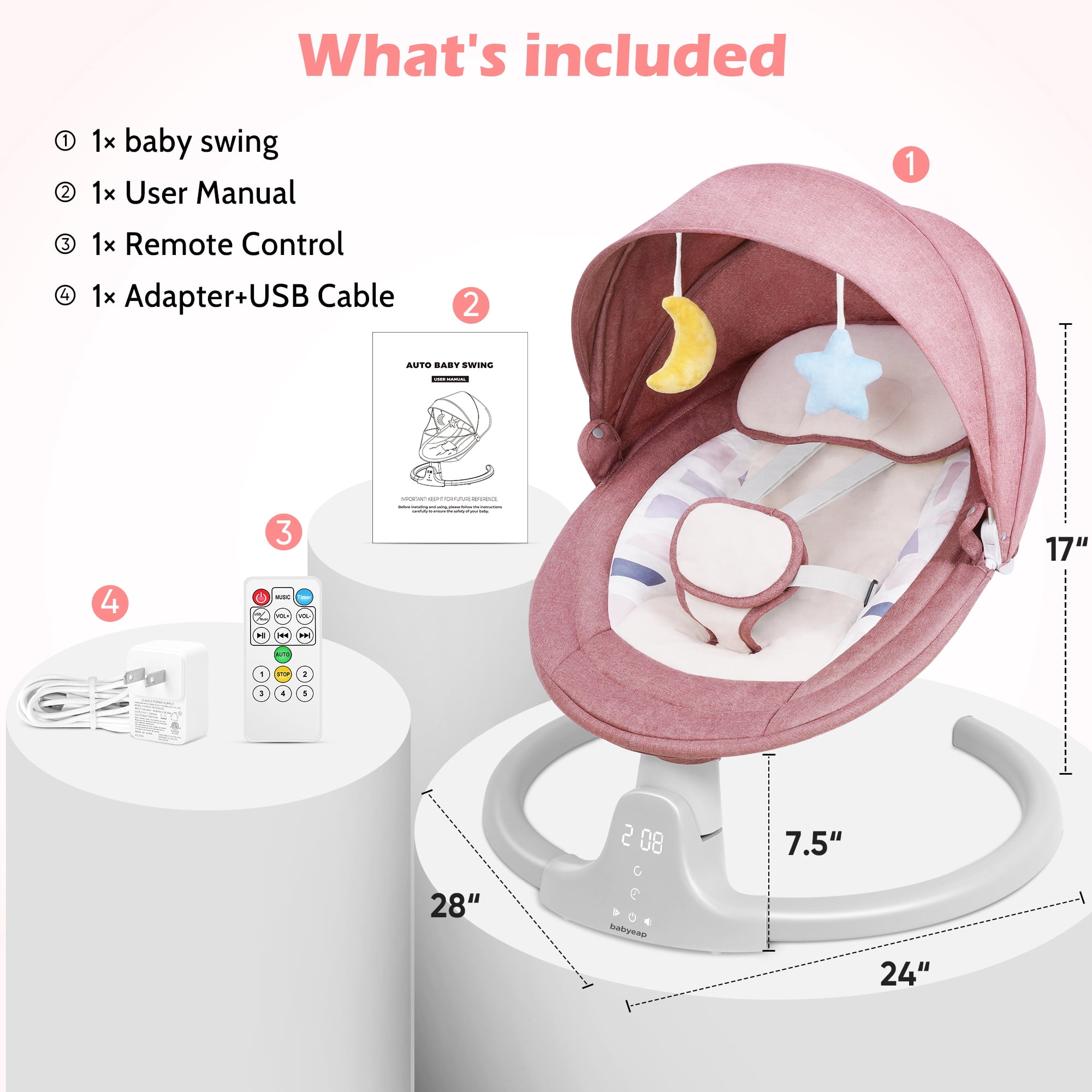 Babyeap Baby Swing for Infants - APP Remote Bluetooth Control, 5 Speed Settings, 10 Lullabies, Pink