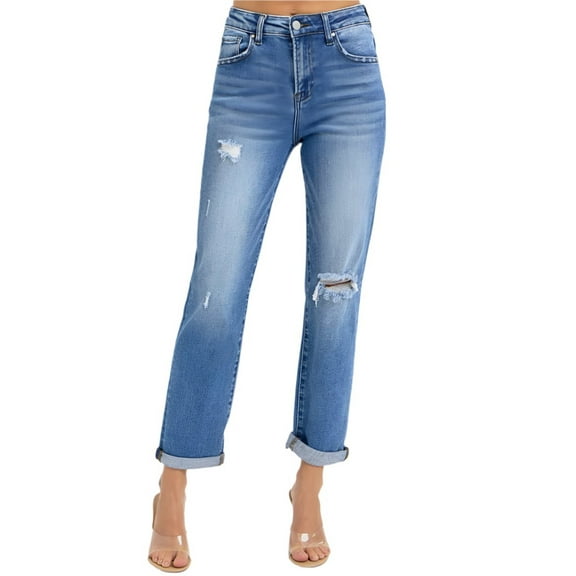 Risen Jeans Style RDP5343RT — High Rise Girlfriend Roll Up Jeans in Rattan Wash