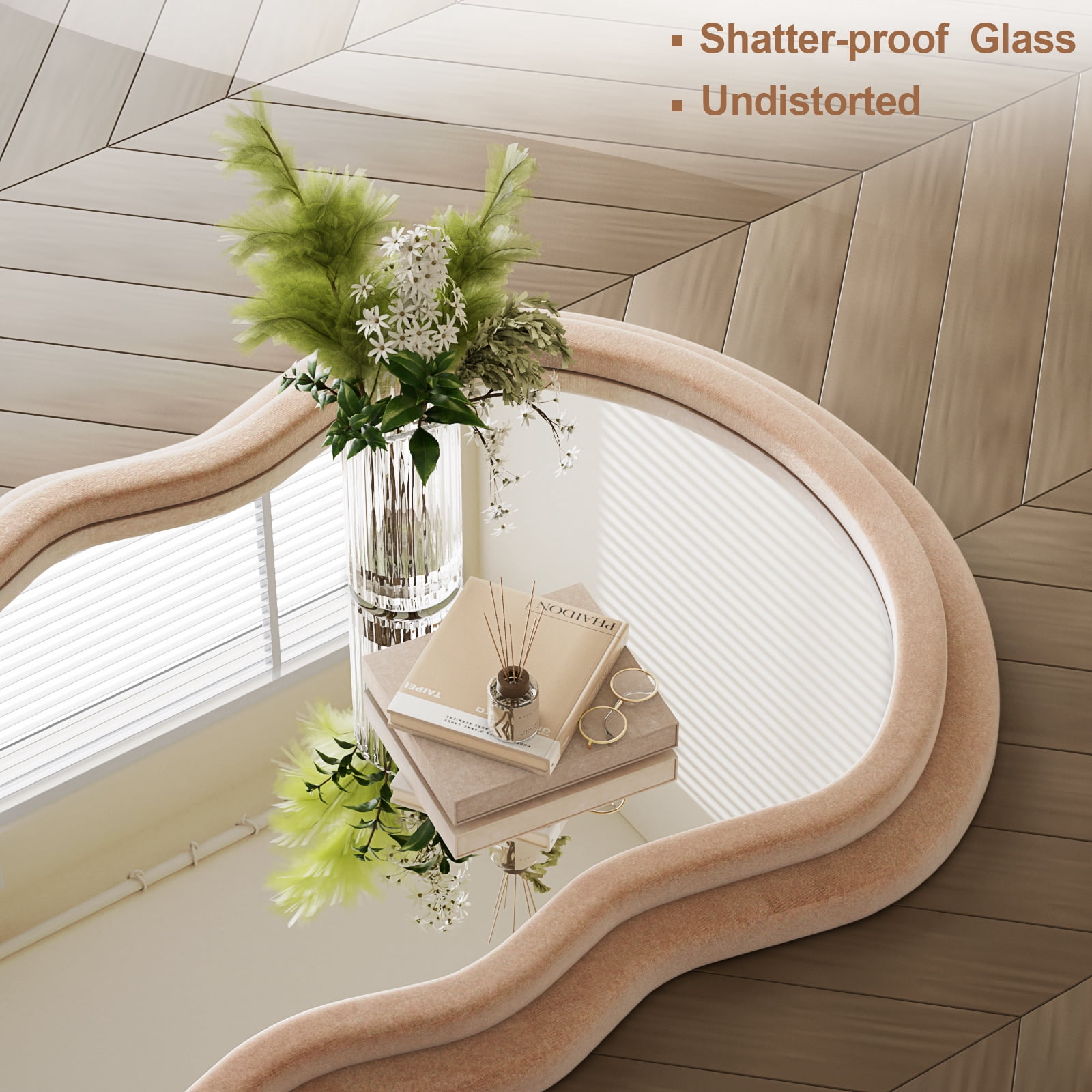 Easy4Home 63"x24" Arched Full Length Mirror with Wavy Flannel Frame Freestanding Decorative Round Edge Floor Mirror, Milk Tea