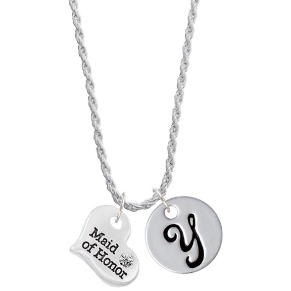 Delight Jewelry Silvertone Large Maid of Honor Heart Silvertone Script Initial Disc - Y - Charm Necklace, 20"+3"