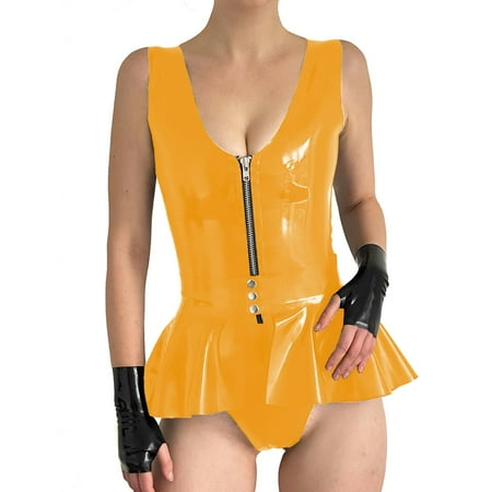 Women Sexy Patent Leather Bodysuit Party Sleeveless PVC Rompers with Skirted Belt V-neck Zipper Playsuit