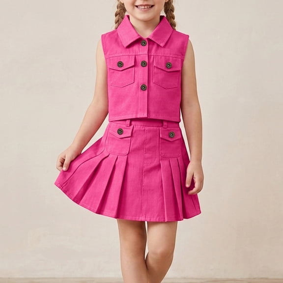 Kids Girls 2-Piece Casual Set Button-Front Sleeveless Vest & Pleated Skirt Comfortable Outfit for School, Casual Wear & Parties Hot Pink 6-7 Years