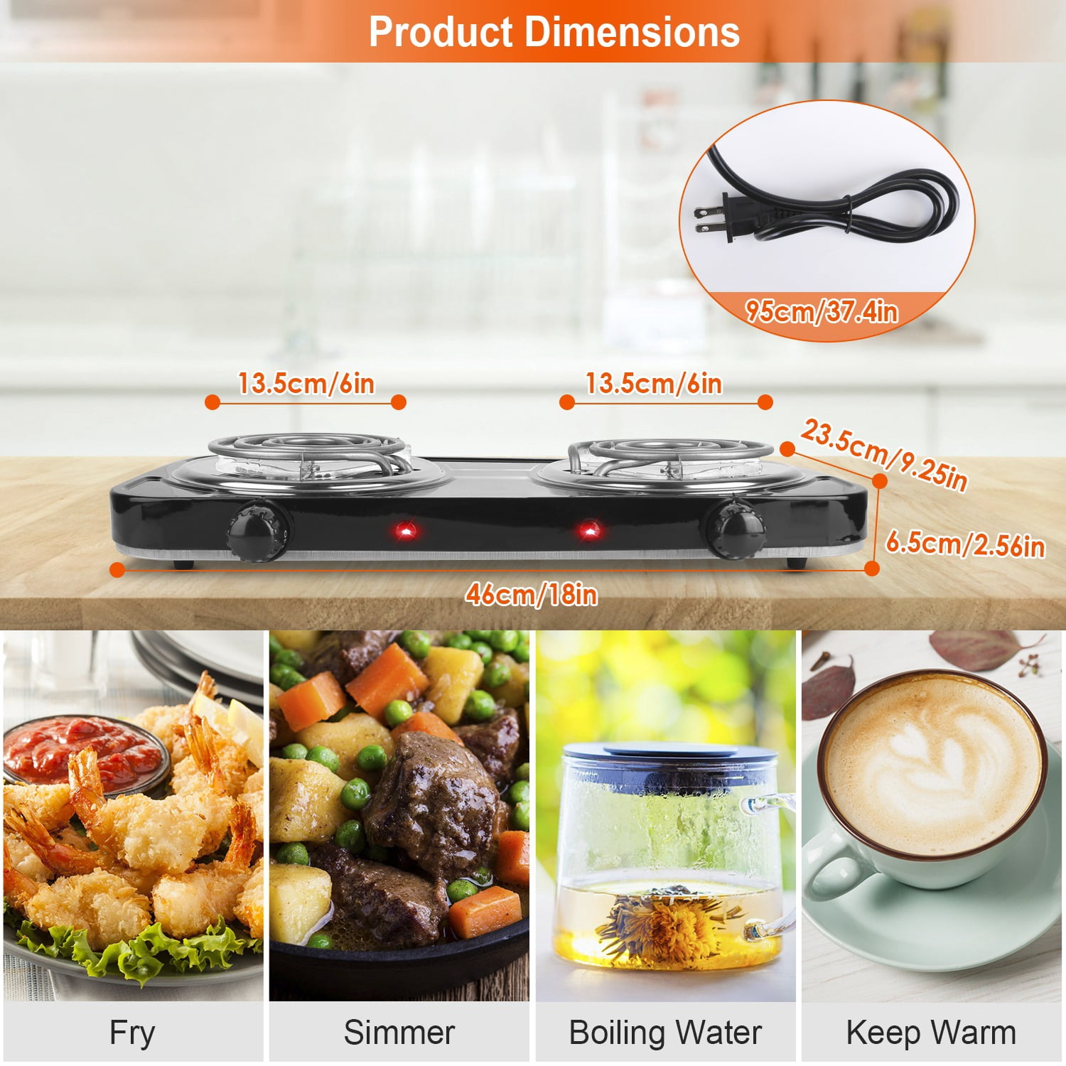 Moclever 2000W Double Burner Electric Hot Plate, Portable Coil Stove with 5 Temperature Settings, Non-Slip Feet for Countertop RV Dorm, Black