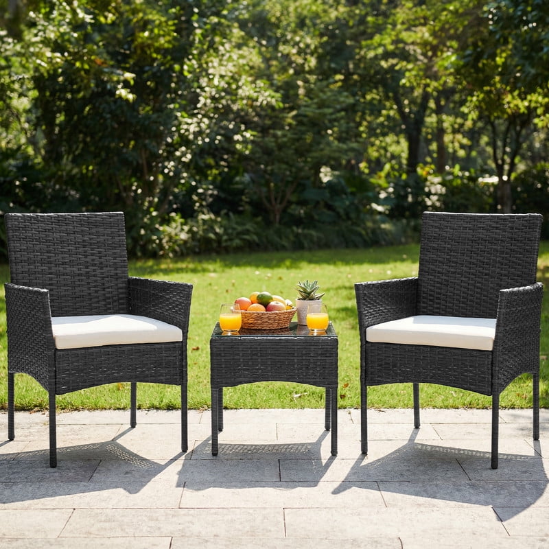 Gianna 3-Piece Patio Furniture Set, Outdoor Wicker Rattan Chairs with Removable Cushion & Glass Table, Conversation Furniture for Porch, Garden, Backyard, Poolside - Black(new style)