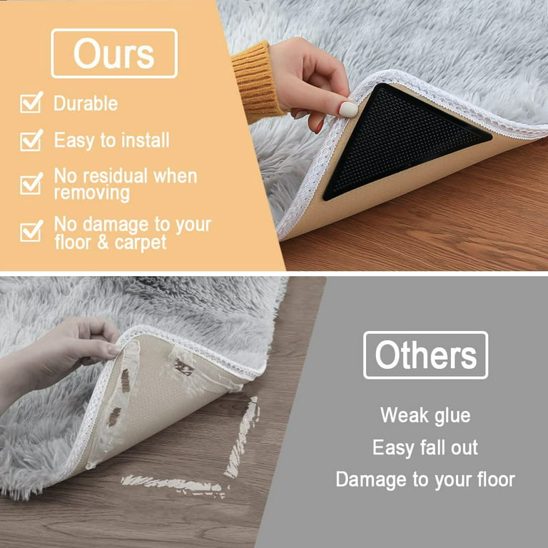 8pcs Black Anti-slip Rug Gripper With Reusable Pu Washable Adhesive Pads  For Carpet, Stairs & Floor