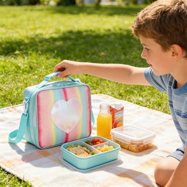 Bolsa térmica para el almuerzo infantil, tipo bandolera | Lonchera de tela Oxford con lentejuelas y purpurina | Bolsa térmica impermeable y resistente a las manchas para la escuela y picnics