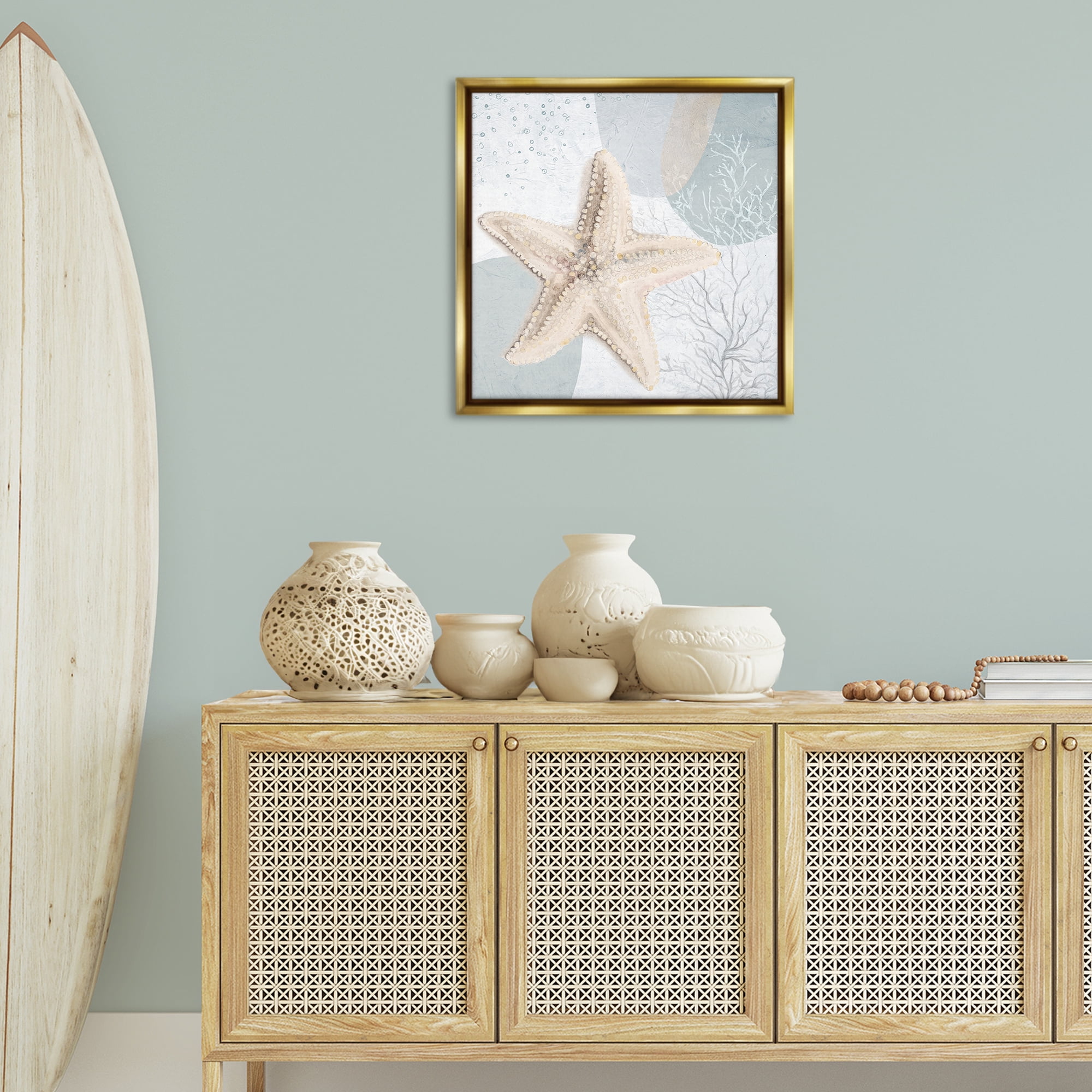 Stupell Industries Starfish over Circle Pattern Coastal Painting Gold Floater Framed Canvas Art Print Wall Art, 25 x 25
