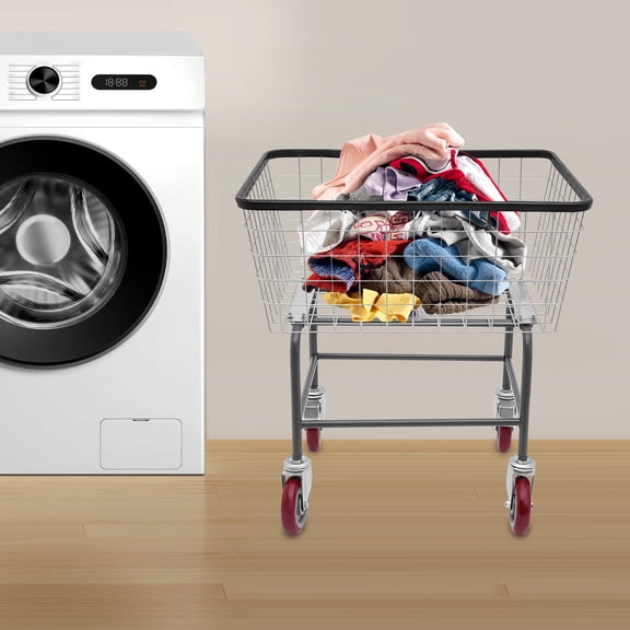 Peakora Steel Wire Laundry Cart with Four Nylon Universal Wheels (Two with Brakes) Heavy Duty Laundry Basket with Wheels Commercial Rolling Laundry Basket Cart for Homes Hotels Bathrooms 20*8*15.7in