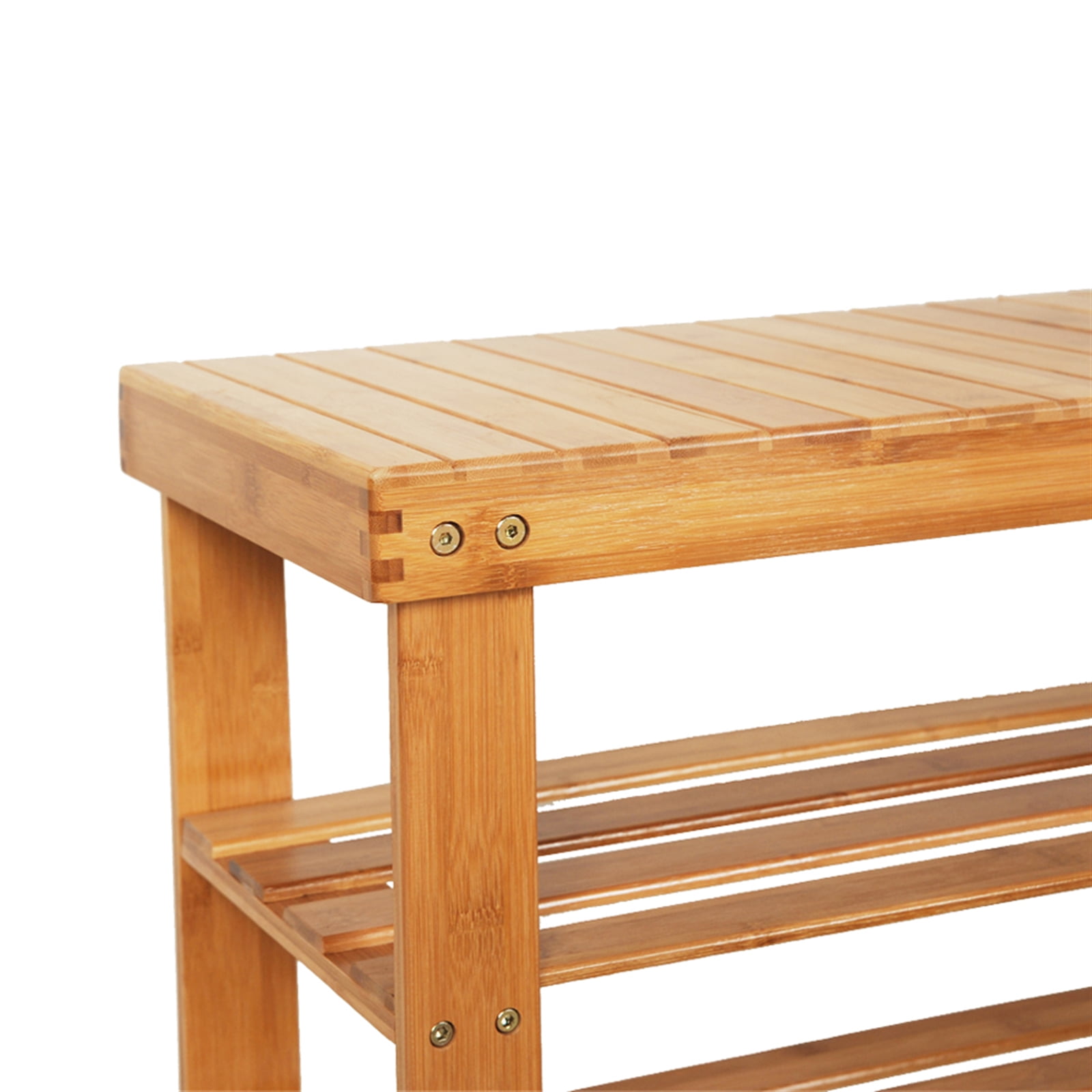 90cm 3 Tiers Bamboo Shoe Rack, Wood Color Strip Pattern Bamboo Shoe Storage Rack with Stool Function, Solid Bamboo Shoe Organizer, Space Saving Shoe Rack Stool, Multifunctional for Home Indoor Use