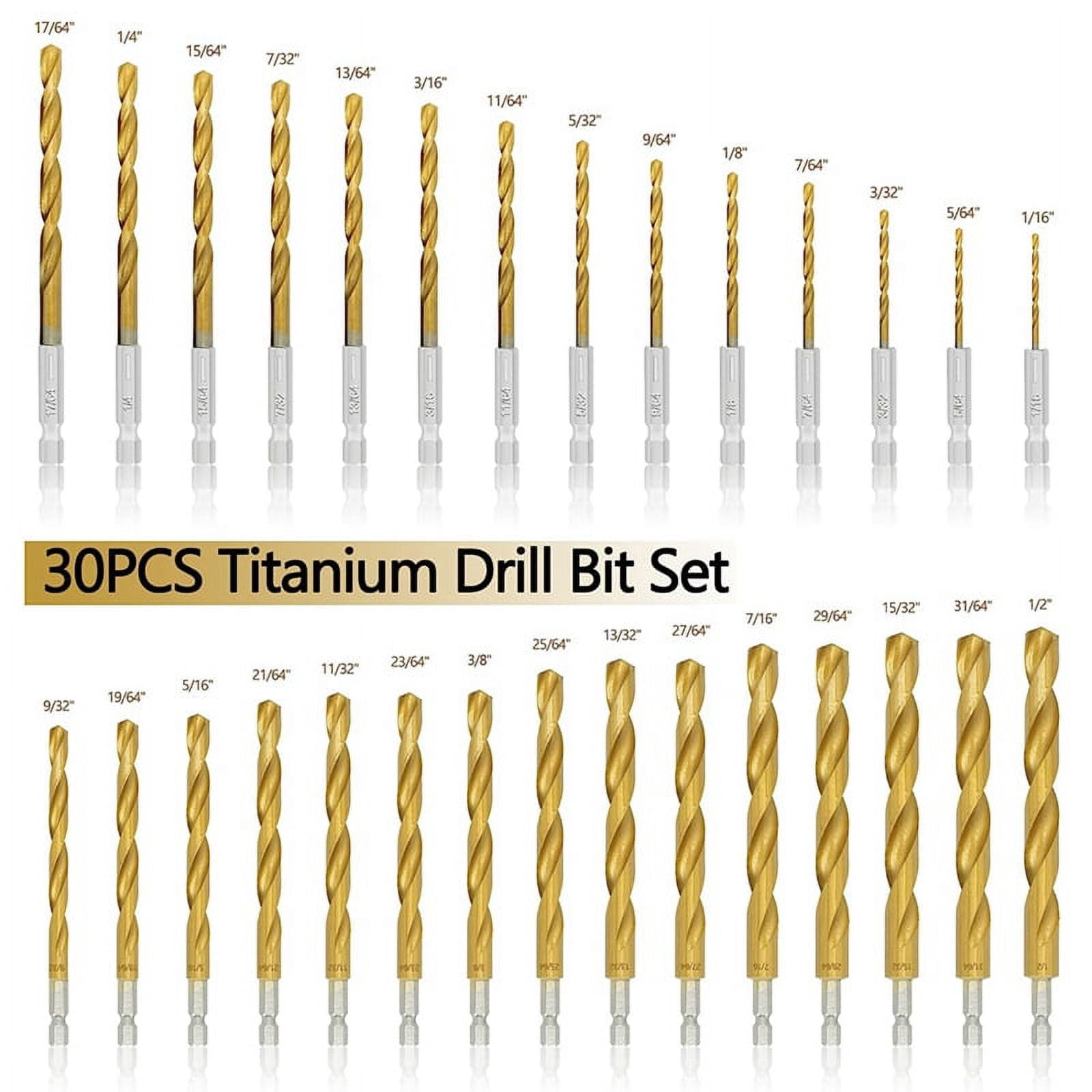 30 Pcs Titanium Impact Drill Bit Set, Hex HSS Drill Bits with Storage for Steel, Copper, Aluminum,Zinc Alloy