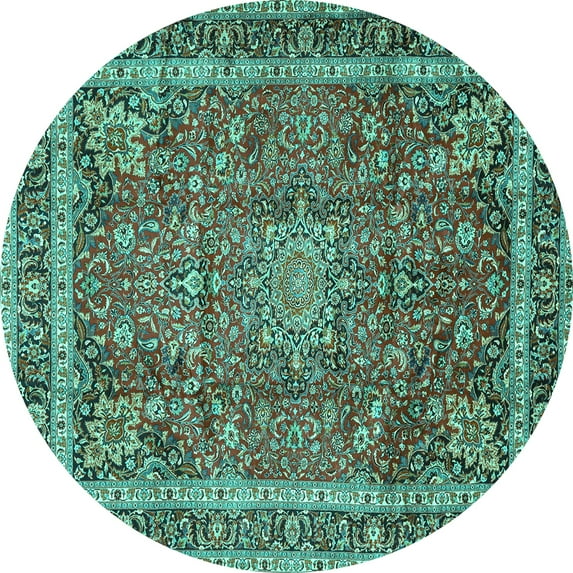 Ahgly Company Machine Washable Indoor Round Persian Turquoise Blue Traditional Area Rugs, 4' Round