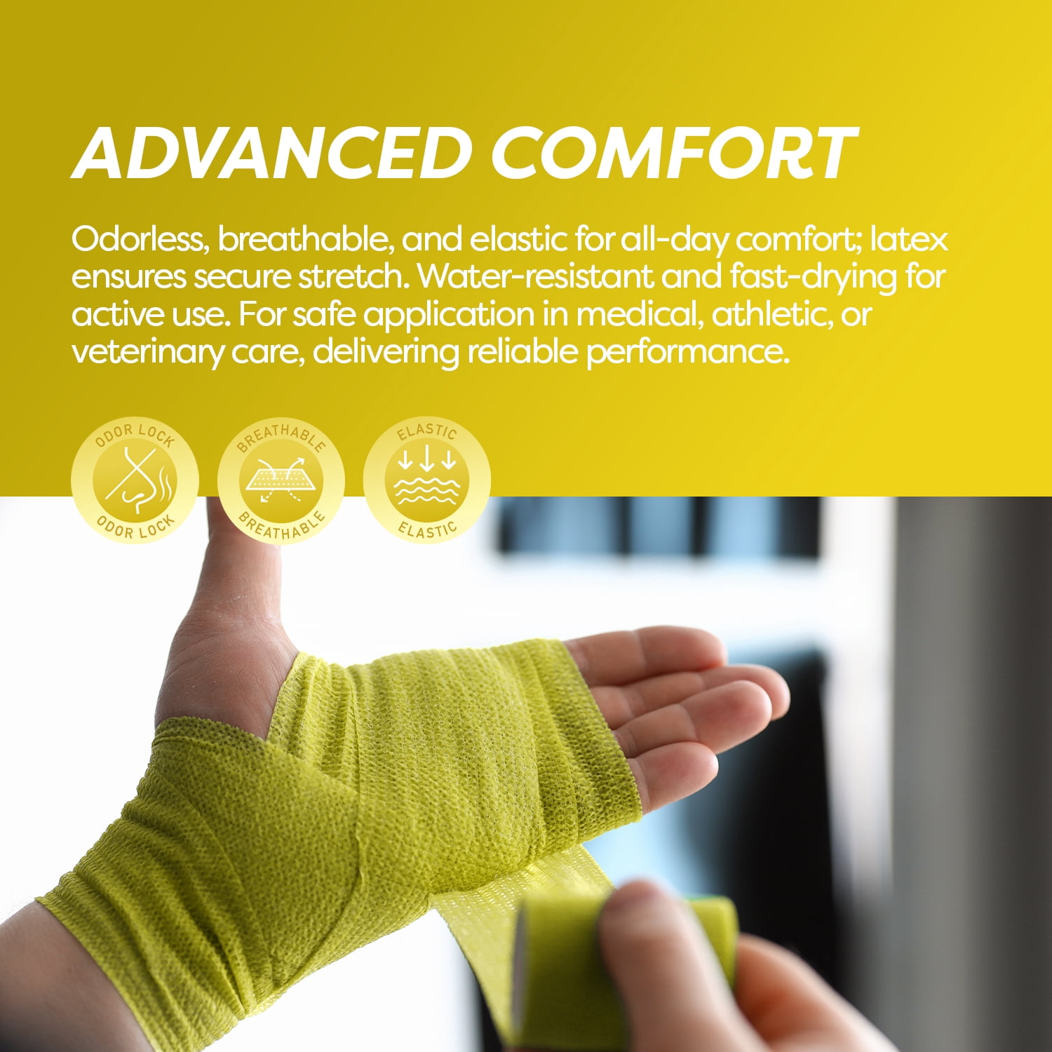 Dynarex Sensi-Wrap Self-Adhesive Bandages, 30-Pack, 1" x 5 yards, Yellow, Latex-Free, Colored Elastic Cohesive Athletic Tape, Tattoo Grip & Vet Wrap