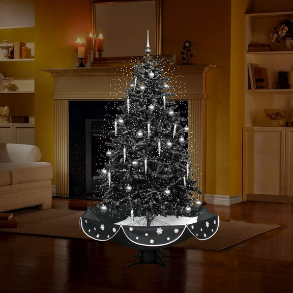 Fraser Hill Farm White Prelit LED Black Decorated Pine Musical Christmas Tree, with Umbrella Base 6.25'