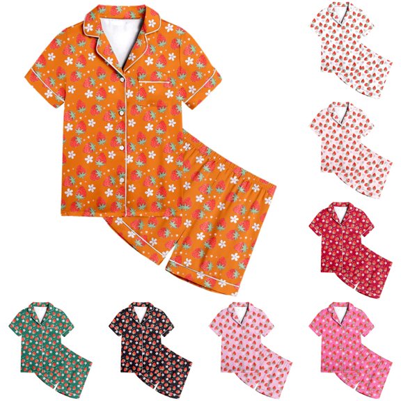 FYDUU Girls Pajamas Strawberry Print Short Sleeve Button Down Shirt and Shorts Set Kids Soft Sleepwear Loungewear Summer Outfit 12-13 Years