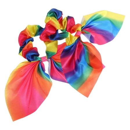 MLINS 2pcs Cute Rainbow Rabbit Ear Hair Ties with Tassels Ponytail Holders for Women and Girls