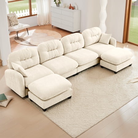 Modular Sectional U Shaped Couch with Ottoman Soft Chenille Fabric Tufted Cushion Backrest Design High-Density Foam Ergonomic design Elegant Armrests Easy Install Fits Bedrooms Living Rooms(Beige)