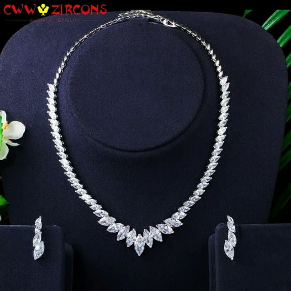 Silver Plated Marquise Cut Cubic Zirconia Wedding Choker Necklace Earrings Sets