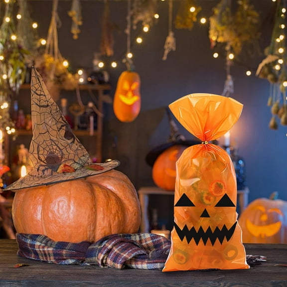 Halloween Plastic Candy Bags, Jack-O-Lantern Pumpkin Bags, Cute Treat Tote Bag Party Favor with Handles Party Favors (Orange/50 Pieces) 4.92x10.62"